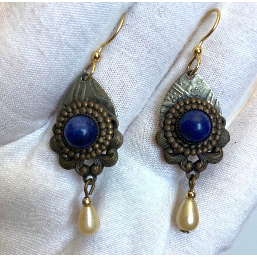 Silver Forest Vermont Bronze Dangle Earrings W/ Lapis Lazuli Feminine Victorian